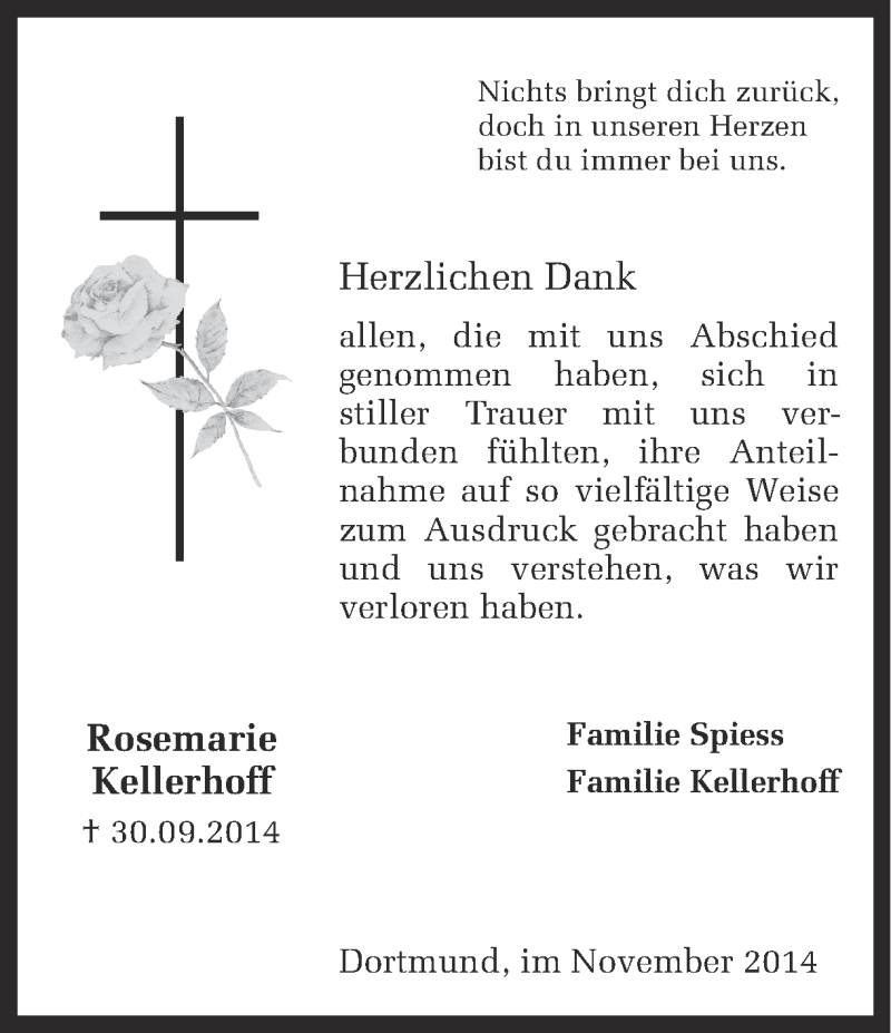  Traueranzeige für Rosemarie Kellerhoff vom 08.11.2014 aus Ruhr Nachrichten