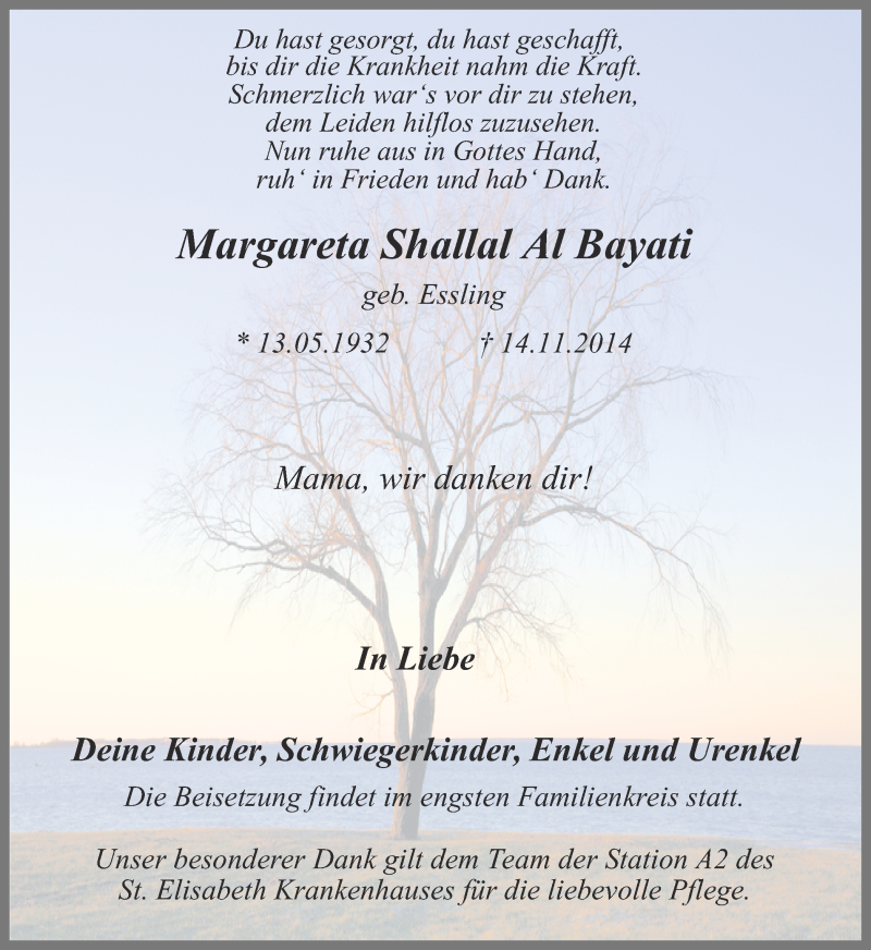  Traueranzeige für Margareta Shallal Al Bayati vom 15.11.2014 aus Ruhr Nachrichten und Dorstener Zeitung