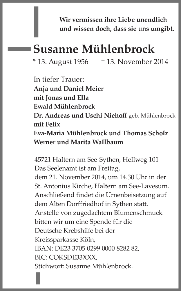  Traueranzeige für Susanne Mühlenbrock vom 18.11.2014 aus Ruhr Nachrichten und Halterner Zeitung