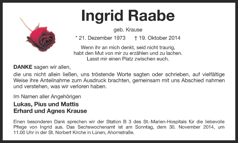  Traueranzeige für Ingrid Raabe vom 22.11.2014 aus Ruhr Nachrichten