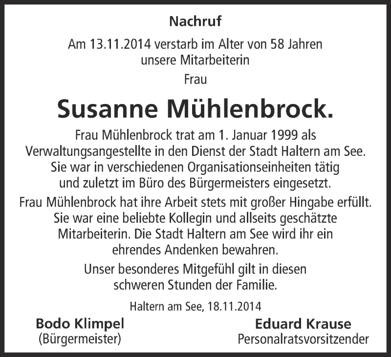 Traueranzeige für Susanne Mühlenbrock vom 19.11.2014 aus Ruhr Nachrichten und Halterner Zeitung