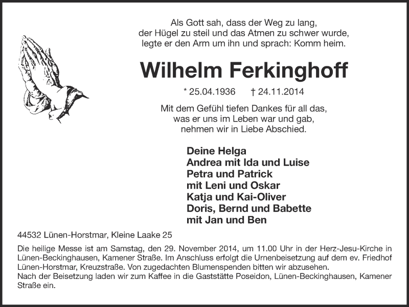  Traueranzeige für Wilhelm Ferkinghoff vom 26.11.2014 aus Ruhr Nachrichten