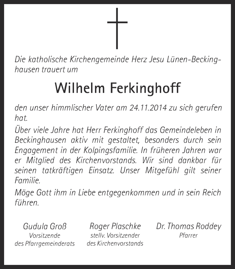  Traueranzeige für Wilhelm Ferkinghoff vom 06.12.2014 aus Ruhr Nachrichten