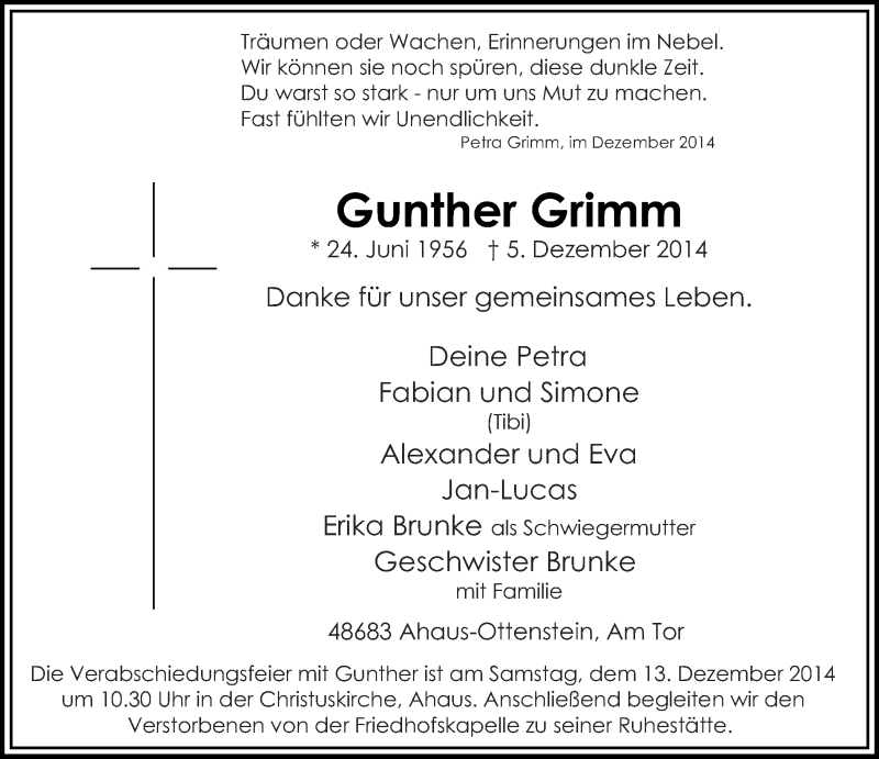  Traueranzeige für Gunther Grimm vom 09.12.2014 aus Münstersche Zeitung und Münsterland Zeitung