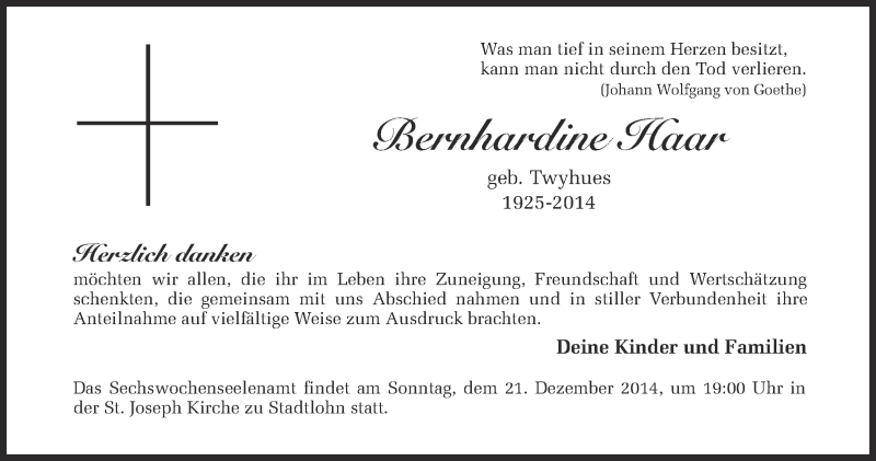  Traueranzeige für Bernhardine Haar vom 19.12.2014 aus Münstersche Zeitung und Münsterland Zeitung