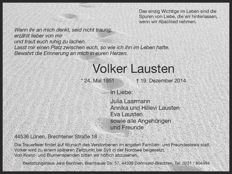 Traueranzeige für Volker Lausten vom 27.12.2014 aus Ruhr Nachrichten