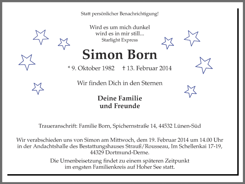  Traueranzeige für Simon Born vom 15.02.2014 aus Ruhr Nachrichten