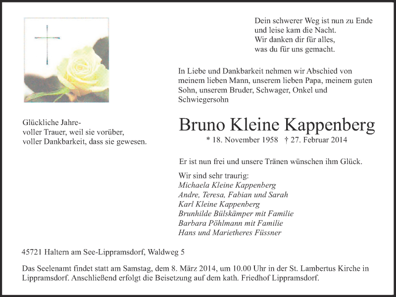  Traueranzeige für Bruno Kleine Kappenberg vom 03.03.2014 aus Ruhr Nachrichten und Halterner Zeitung