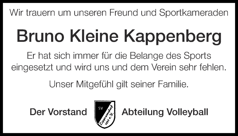  Traueranzeige für Bruno Kleine Kappenberg vom 05.03.2014 aus Ruhr Nachrichten und Halterner Zeitung