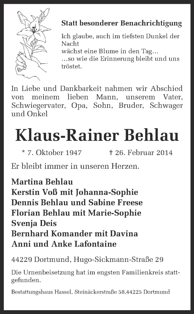  Traueranzeige für Klaus Rainer Behlau vom 08.03.2014 aus Ruhr Nachrichten