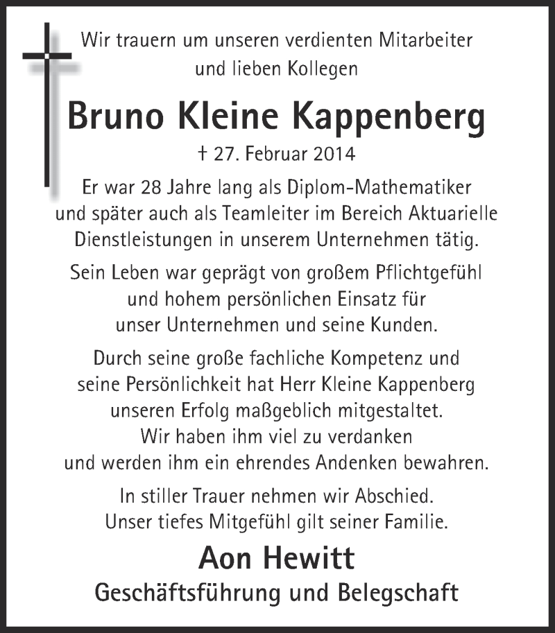  Traueranzeige für Bruno Kleine Kappenberg vom 07.03.2014 aus Ruhr Nachrichten und Halterner Zeitung