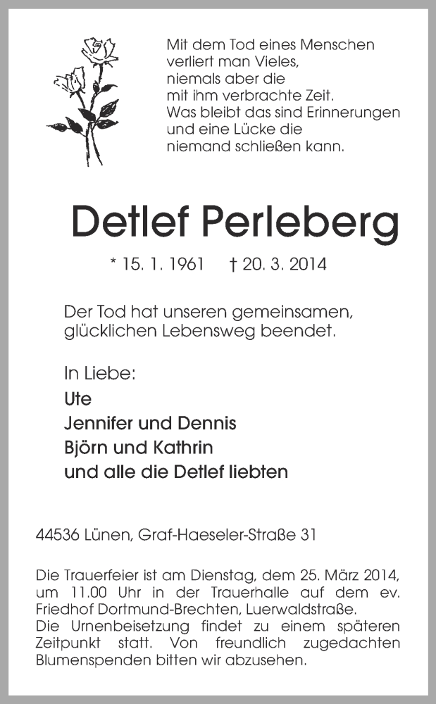  Traueranzeige für Detlef Perleberg vom 22.03.2014 aus Ruhr Nachrichten