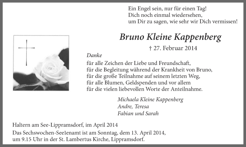  Traueranzeige für Bruno Kleine Kappenberg vom 08.04.2014 aus Ruhr Nachrichten und Halterner Zeitung