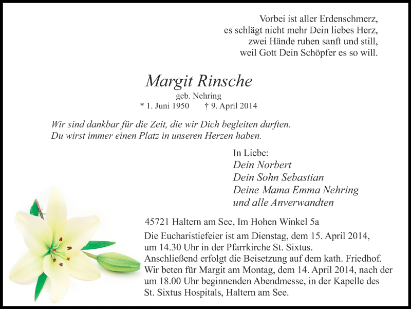  Traueranzeige für Margit Rinsche vom 11.04.2014 aus Ruhr Nachrichten und Halterner Zeitung