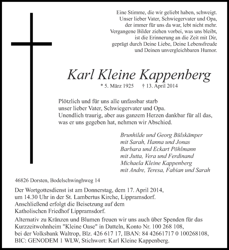  Traueranzeige für Karl Kleine Kappenberg vom 15.04.2014 aus Ruhr Nachrichten und Halterner Zeitung