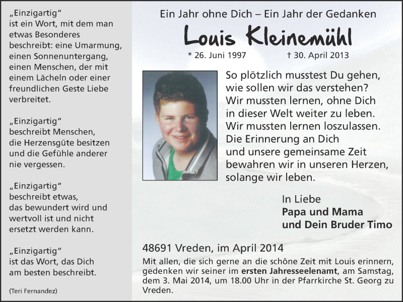 Traueranzeige für Louis Kleinemühl vom 30.04.2014 aus Münstersche Zeitung und Münsterland Zeitung