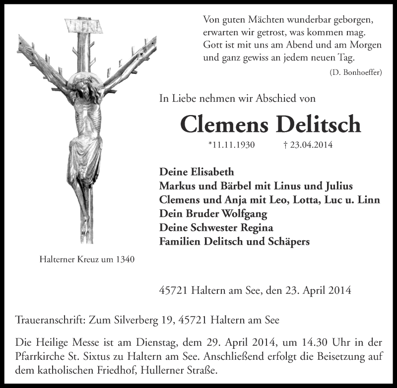  Traueranzeige für Clemens Delitsch vom 26.04.2014 aus Ruhr Nachrichten und Halterner Zeitung