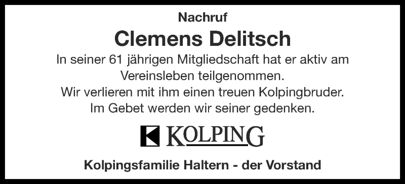  Traueranzeige für Clemens Delitsch vom 29.04.2014 aus Ruhr Nachrichten und Halterner Zeitung