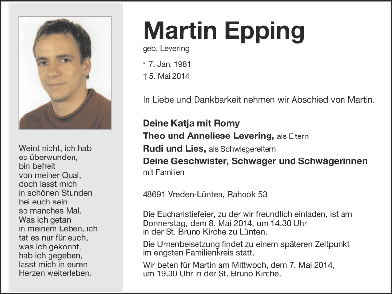  Traueranzeige für Martin Epping vom 07.05.2014 aus Münstersche Zeitung und Münsterland Zeitung