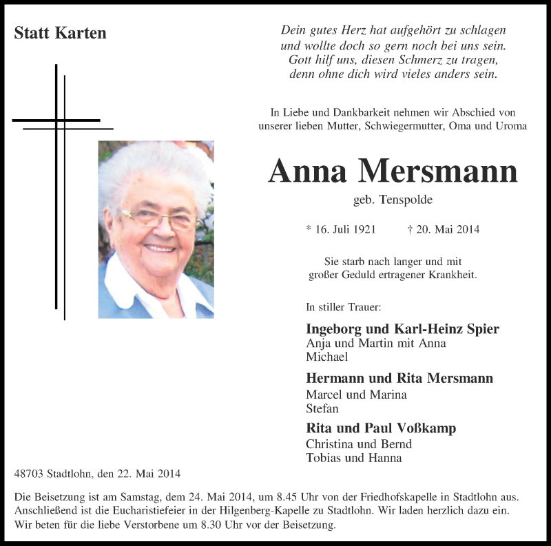  Traueranzeige für Anna Mersmann vom 22.05.2014 aus Münstersche Zeitung und Münsterland Zeitung