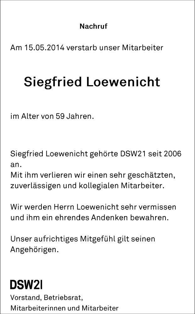  Traueranzeige für Siegfried Loewenicht vom 24.05.2014 aus Ruhr Nachrichten