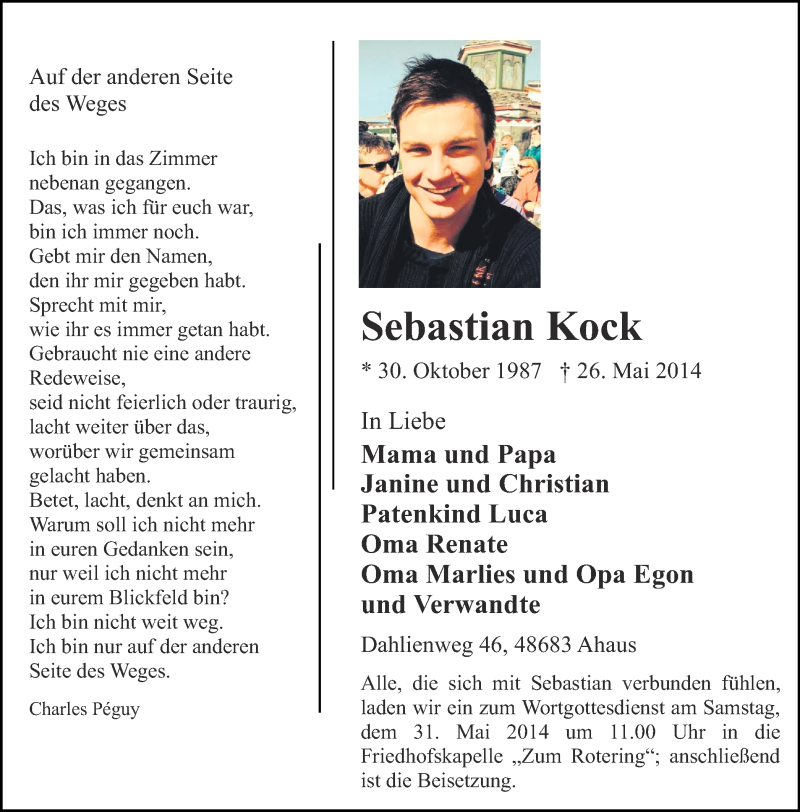  Traueranzeige für Sebastian Kock vom 28.05.2014 aus Münstersche Zeitung und Münsterland Zeitung