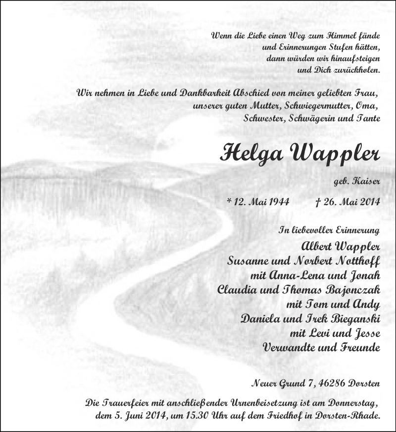  Traueranzeige für Helga Wappler vom 31.05.2014 aus Ruhr Nachrichten und Dorstener Zeitung