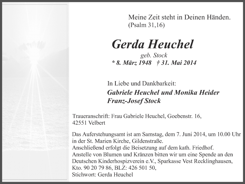  Traueranzeige für Gerda Heuchel vom 03.06.2014 aus Ruhr Nachrichten und Halterner Zeitung