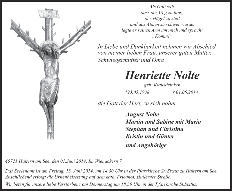  Traueranzeige für Henriette Nolte vom 10.06.2014 aus Ruhr Nachrichten und Halterner Zeitung