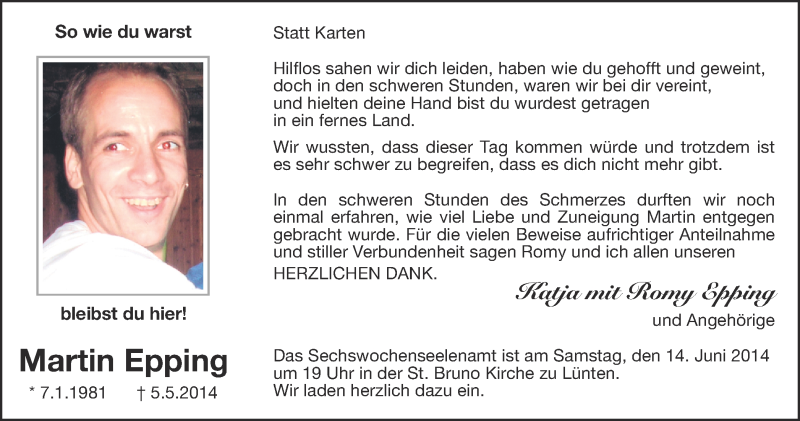  Traueranzeige für Martin Epping vom 12.06.2014 aus Münstersche Zeitung und Münsterland Zeitung
