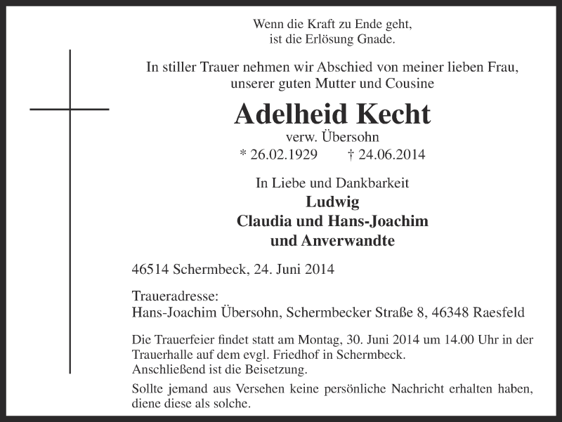  Traueranzeige für Adelheid Kecht vom 25.06.2014 aus Ruhr Nachrichten und Dorstener Zeitung
