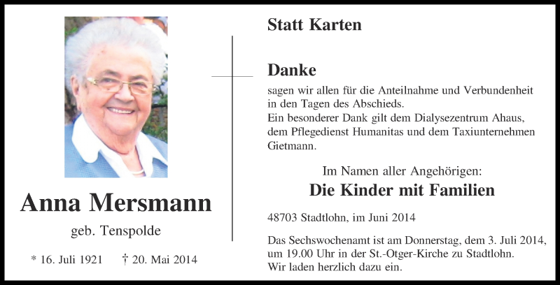 Traueranzeige für Anna Mersmann vom 28.06.2014 aus Münstersche Zeitung und Münsterland Zeitung