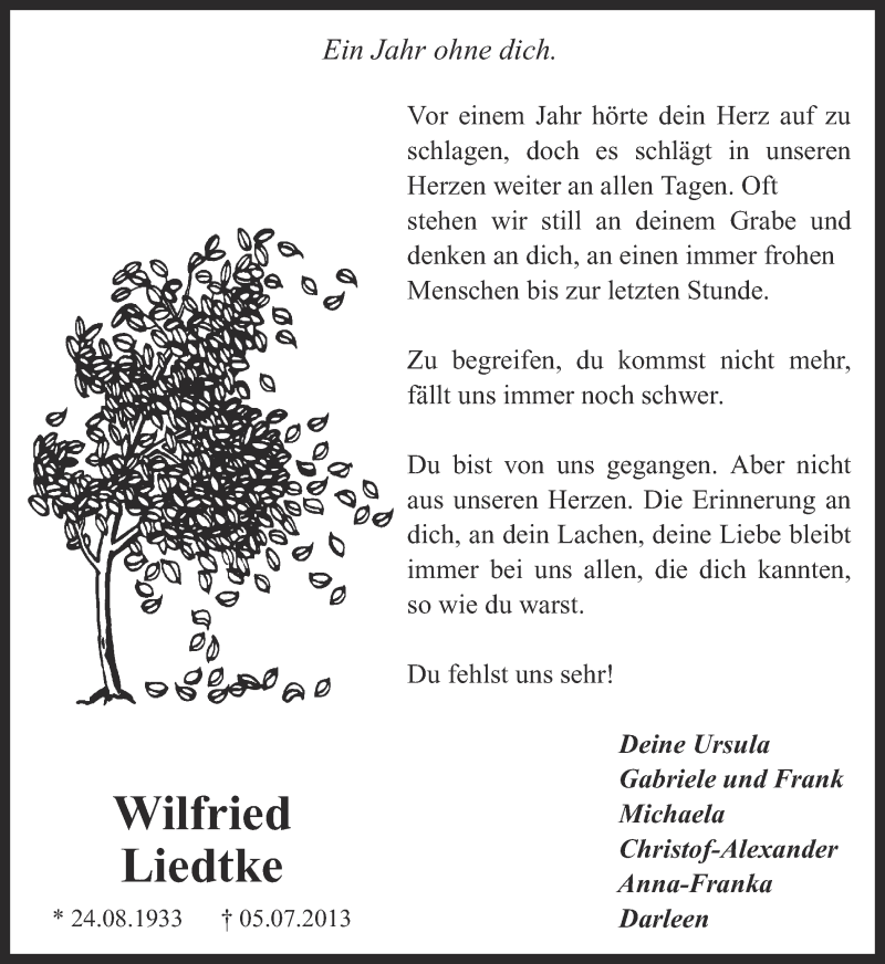  Traueranzeige für Wilfried Liedtke vom 05.07.2014 aus Ruhr Nachrichten und Dorstener Zeitung