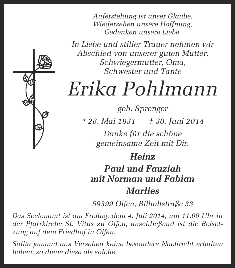  Traueranzeige für Erika Pohlmann vom 01.07.2014 aus Ruhr Nachrichten