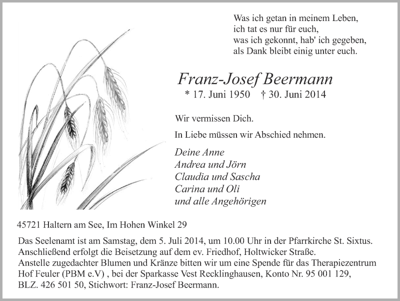  Traueranzeige für Franz-Josef Beermann vom 02.07.2014 aus Ruhr Nachrichten und Halterner Zeitung
