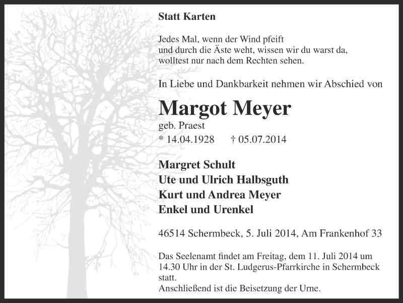  Traueranzeige für Margot Meyer vom 08.07.2014 aus Ruhr Nachrichten und Dorstener Zeitung