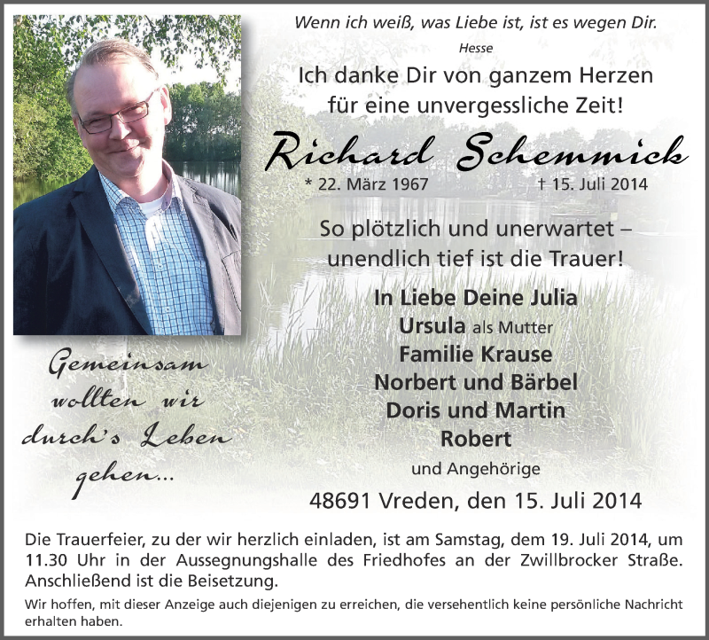  Traueranzeige für Richard Schemmick vom 18.07.2014 aus Münstersche Zeitung und Münsterland Zeitung
