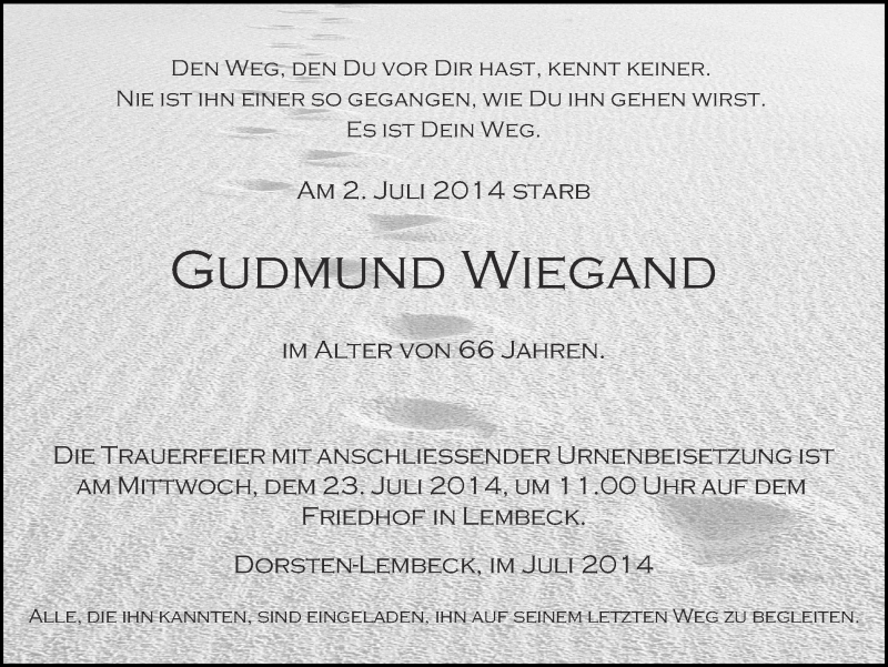  Traueranzeige für Gudmund Wiegand vom 19.07.2014 aus Ruhr Nachrichten und Dorstener Zeitung