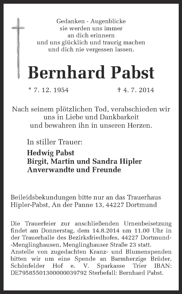  Traueranzeige für Bernhard Pabst vom 19.07.2014 aus Ruhr Nachrichten