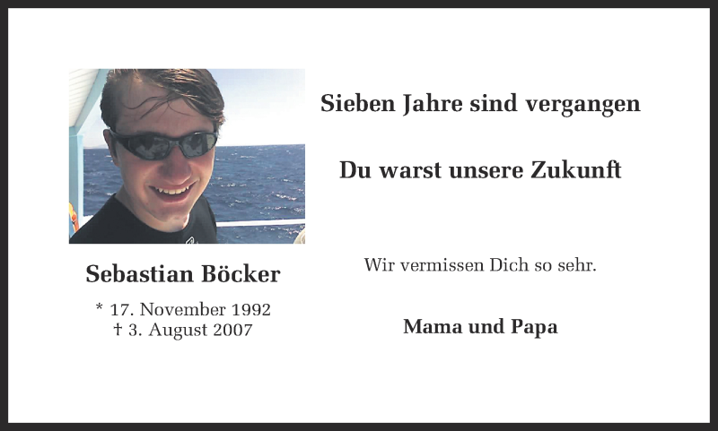  Traueranzeige für Sebastian Böcker vom 02.08.2014 aus Ruhr Nachrichten