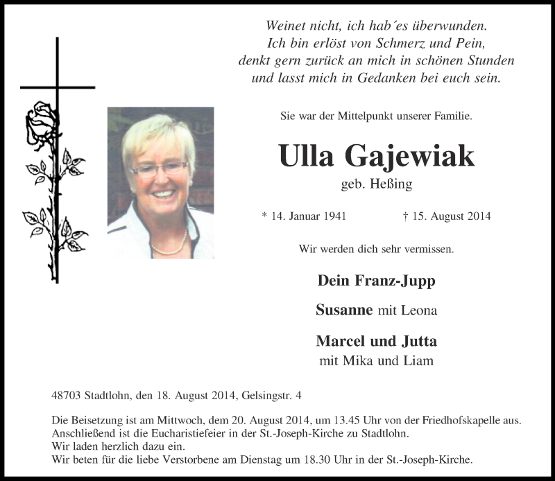  Traueranzeige für Ulla Gajewiak vom 18.08.2014 aus Münstersche Zeitung und Münsterland Zeitung