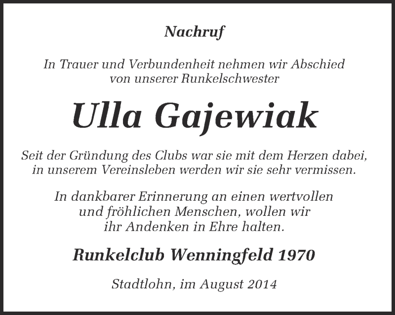  Traueranzeige für Ulla Gajewiak vom 20.08.2014 aus Münstersche Zeitung und Münsterland Zeitung