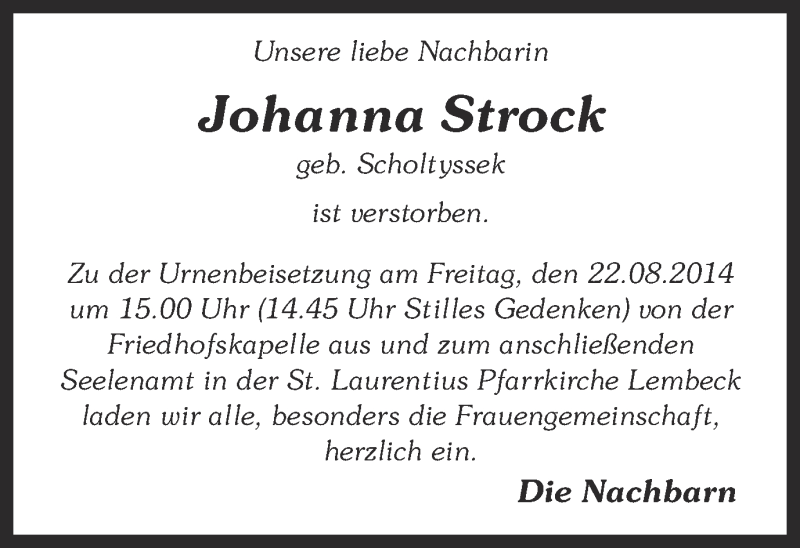  Traueranzeige für Johanna Strock vom 19.08.2014 aus Ruhr Nachrichten und Dorstener Zeitung