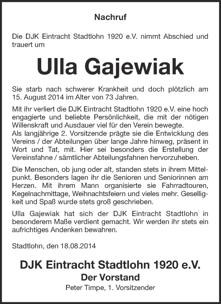 Traueranzeige für Ulla Gajewiak vom 20.08.2014 aus Münstersche Zeitung und Münsterland Zeitung