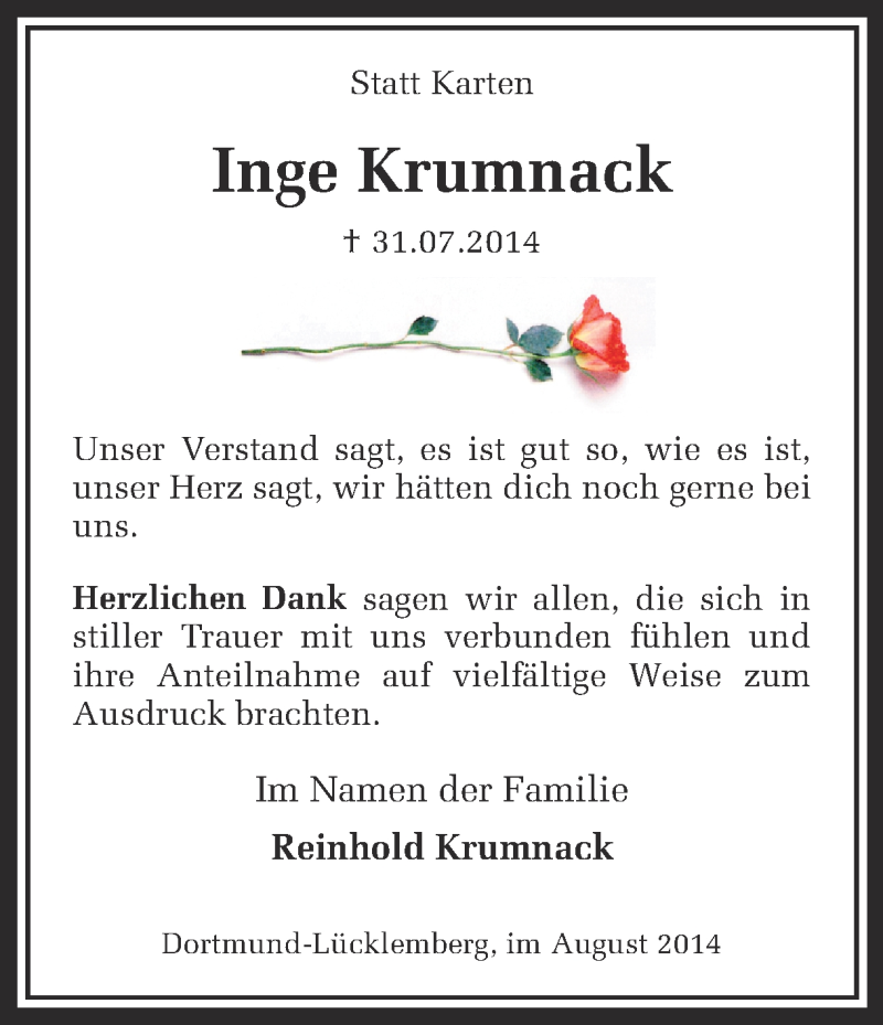  Traueranzeige für Inge Krumnack vom 27.08.2014 aus Ruhr Nachrichten