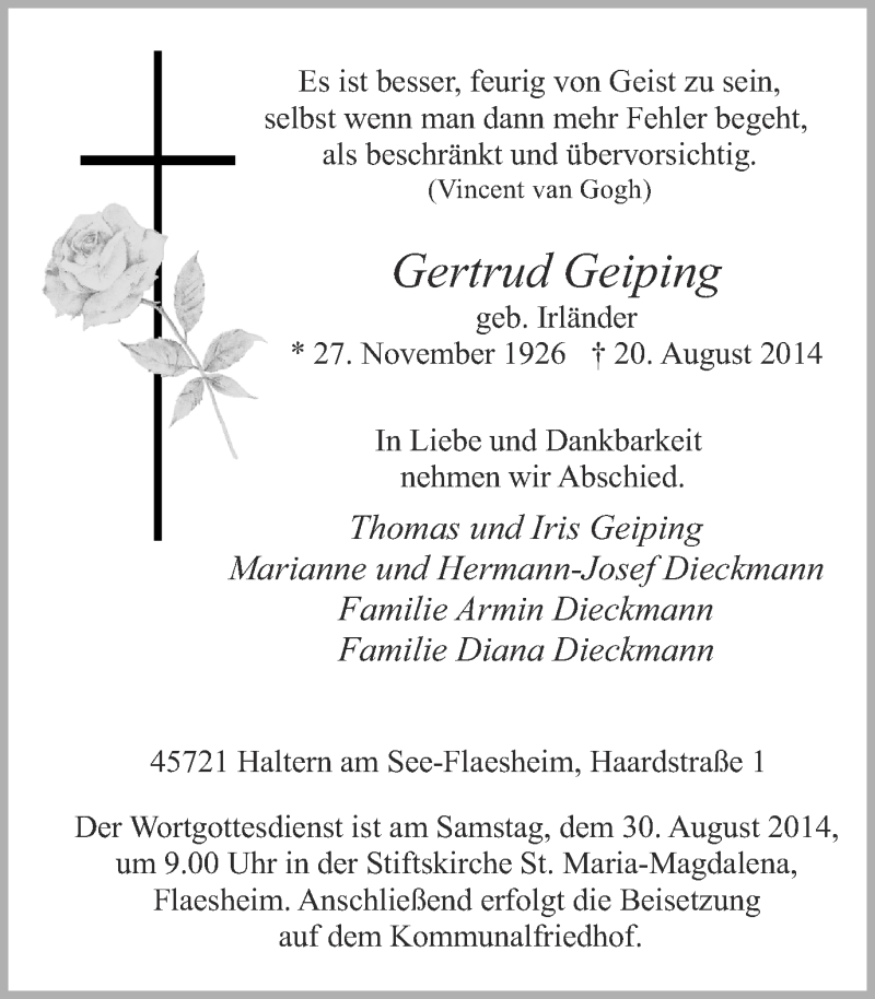  Traueranzeige für Gertrud Geiping vom 27.08.2014 aus Ruhr Nachrichten und Halterner Zeitung