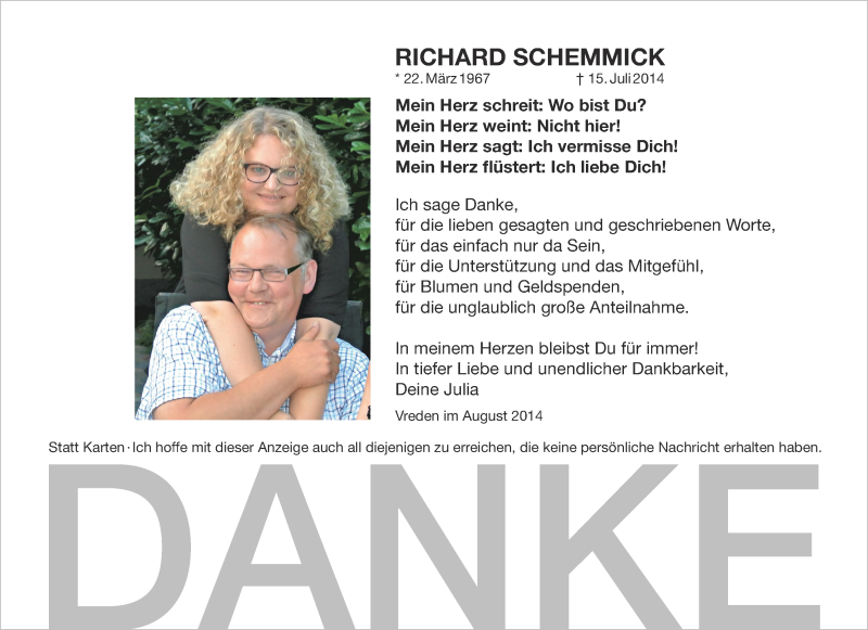  Traueranzeige für Richard Schemmick vom 30.08.2014 aus Münstersche Zeitung und Münsterland Zeitung