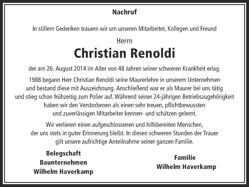  Traueranzeige für Christian Renoldi vom 02.09.2014 aus Ruhr Nachrichten und Halterner Zeitung