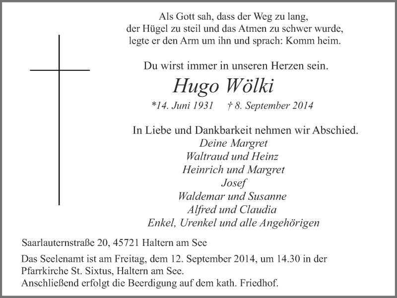  Traueranzeige für Hugo Wölki vom 10.09.2014 aus Ruhr Nachrichten und Halterner Zeitung