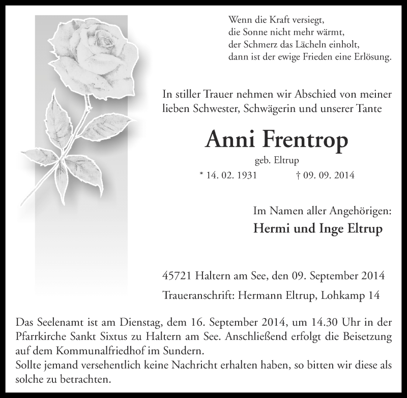  Traueranzeige für Anni Frentrop vom 13.09.2014 aus Ruhr Nachrichten und Halterner Zeitung